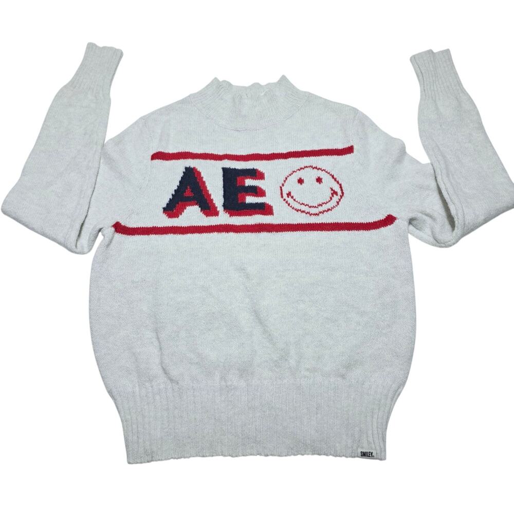 American Eagle Womens Sweater Smiley Graphic Mock Neck Medium Coquette Preppy